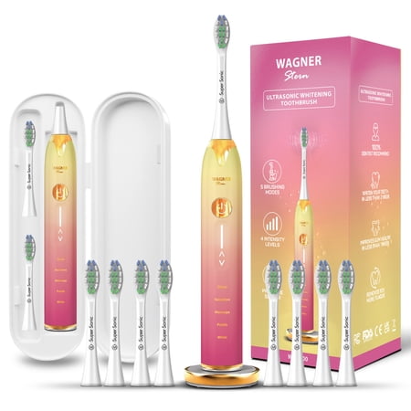 Wagner & Stern Ultrasonic whitening Toothbrush with Pressure Sensor. 5 Brushing Modes and 4 Intensity Levels with 3D Sliding Control, 8 Dupont Bristles, Premium Travel Case. (Pink/Yellow)