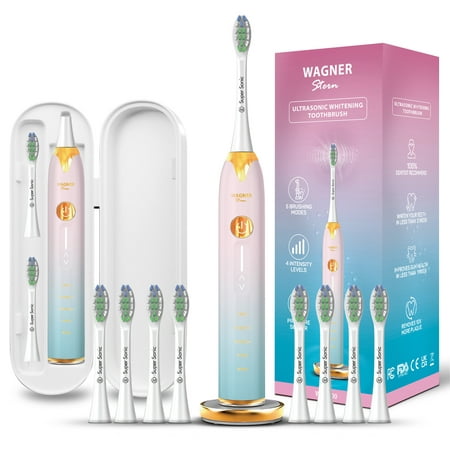 Wagner & Stern Ultrasonic whitening Toothbrush with Pressure Sensor. 5 Brushing Modes and 4 Intensity Levels with 3D Sliding Control, 8 Dupont Bristles, Premium Travel Case. (Blue/Pink)