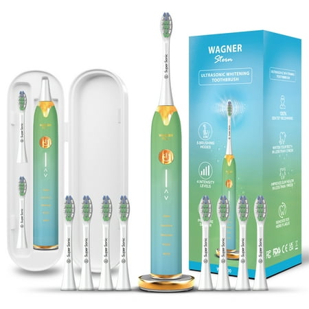 Wagner & Stern Ultrasonic whitening Toothbrush with Pressure Sensor. 5 Brushing Modes and 4 Intensity Levels with 3D Sliding Control, 8 Dupont Bristles, Premium Travel Case. (Blue/Green )