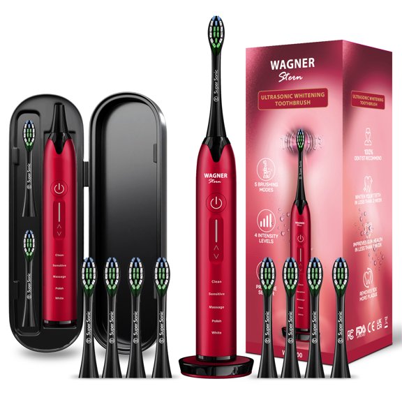 Wagner & Stern Ultrasonic whitening Toothbrush with Pressure Sensor. 5 Brushing Modes and 4 Intensity Levels with 3D Sliding Control, 8 Dupont Bristles, Premium Travel Case. (Burgundy)
