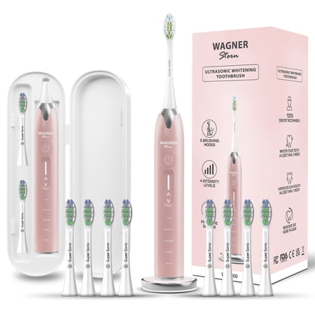 Wagner & Stern Ultrasonic whitening Toothbrush with Pressure Sensor. 5 Brushing Modes and 4 Intensity Levels with 3D Sliding Control, 8 Dupont Bristles, Premium Travel Case. (Rose Gold)