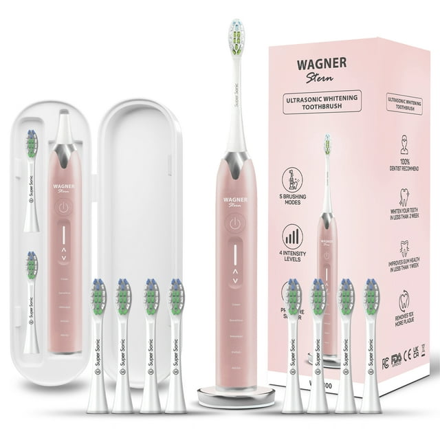 Wagner & Stern Ultrasonic whitening Toothbrush with Pressure Sensor. 5 Brushing Modes and 4 Intensity Levels with 3D Sliding Control, 8 Dupont Bristles, Premium Travel Case. (Rose Gold)