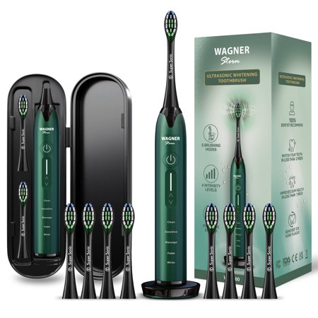 Wagner & Stern Ultrasonic whitening Toothbrush with Pressure Sensor. 5 Brushing Modes and 4 Intensity Levels with 3D Sliding Control, 8 Dupont Bristles, Premium Travel Case. (Green)