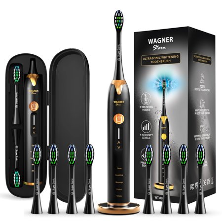 Wagner & Stern Ultrasonic whitening Toothbrush with Pressure Sensor. 5 Brushing Modes and 4 Intensity Levels with 3D Sliding Control, 8 Dupont Bristles, Premium Travel Case. (Green Gold Trim)