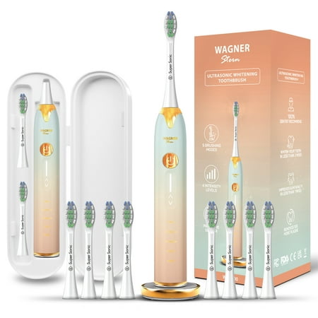 Wagner & Stern Ultrasonic whitening Toothbrush with Pressure Sensor. 5 Brushing Modes and 4 Intensity Levels with 3D Sliding Control, 8 Dupont Bristles, Premium Travel Case. (Peach/Blue)