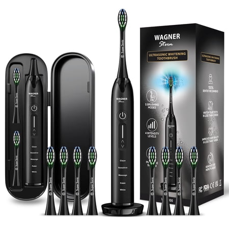 Wagner & Stern Ultrasonic whitening Toothbrush with Pressure Sensor. 5 Brushing Modes and 4 Intensity Levels with 3D Sliding Control, 8 Dupont Bristles, Premium Travel Case. (Charcoal Black)