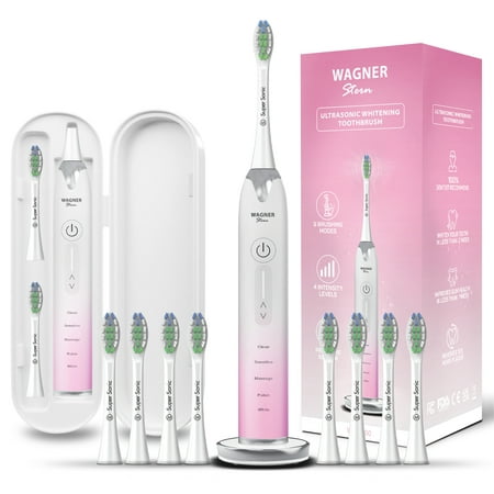 Wagner & Stern Ultrasonic whitening Toothbrush with Pressure Sensor. 5 Brushing Modes and 4 Intensity Levels with 3D Sliding Control, 8 Dupont Bristles, Premium Travel Case. (Sakura)