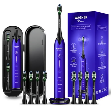 Wagner & Stern Ultrasonic whitening Toothbrush with Pressure Sensor. 5 Brushing Modes and 4 Intensity Levels with 3D Sliding Control, 8 Dupont Bristles, Premium Travel Case. (Purple)
