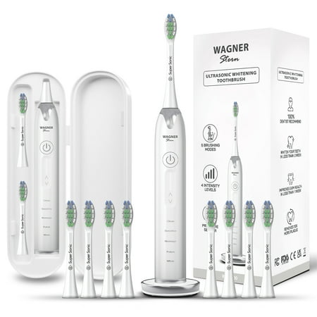Wagner & Stern Ultrasonic whitening Toothbrush with Pressure Sensor. 5 Brushing Modes and 4 Intensity Levels with 3D Sliding Control, 8 Dupont Bristles, Premium Travel Case. (Arctic White)