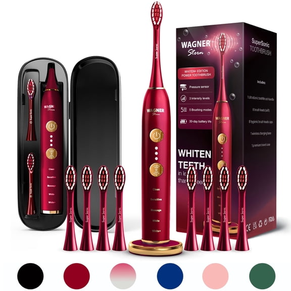Wagner Stern WHITEN+ Edition. Smart Electric Toothbrush with Pressure Sensor. 5 Brushing Modes and 3 Intensity Levels, 8 Dupont Bristles, Premium Travel Case