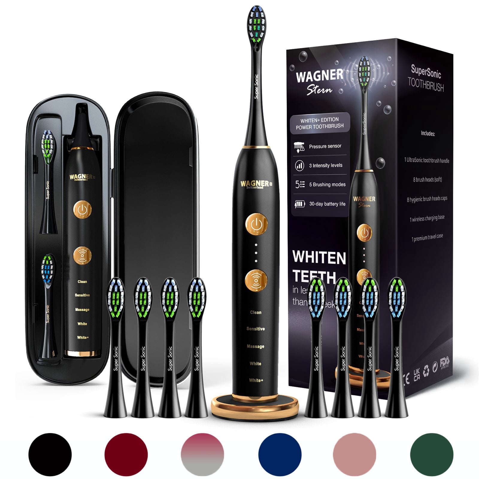 Wagner Stern WHITEN+ Edition. Smart Electric Toothbrush with Pressure Sensor. 5 Brushing Modes and 3 Intensity Levels, 8 Dupont Bristles, Premium Travel Case