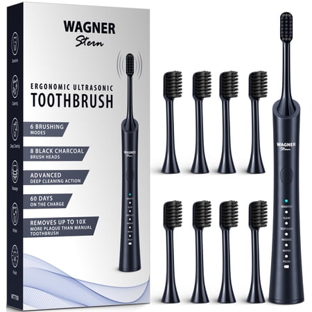 Wagner & Stern ultrasonic whitening Electric Toothbrush with 6 Brushing Modes. 8 Charcoal Brush Heads for Fresh Breath & Healthy Smile. (Charcoal)
