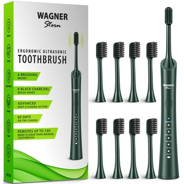 Wagner & Stern ultrasonic whitening Electric Toothbrush with 6 Brushing Modes. 8 Charcoal Brush Heads for Fresh Breath & Healthy Smile. (Green)