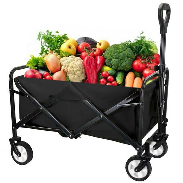 Wagon Cart Foldable Utility Wagon Shop Cart Collapsible Wheels Garden Cart Grocery Wagon for Shopping Park Picnic, Camping, Black