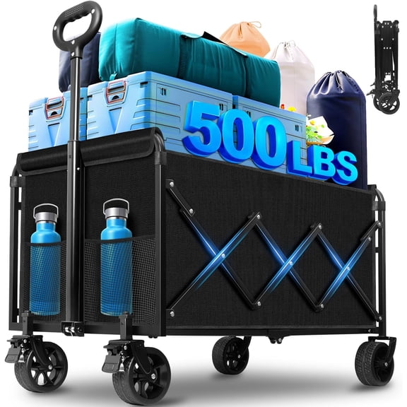 Wagon Cart Foldable with Brakes, 500LBS Heavy Duty Folding Utility Cart with All-Terrain Wheels for Beach, Camping, Sports & Shopping Black