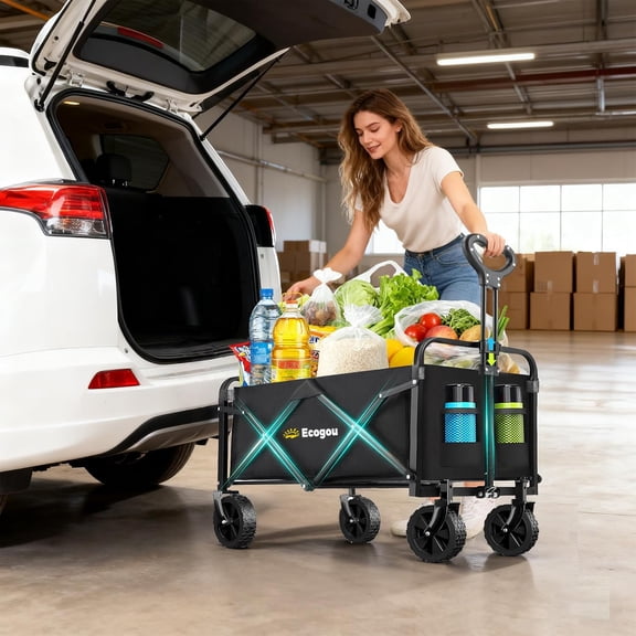 Wagon Carts Foldable, Collapsible Wagon with All-Terrain Wheels 420lbs Weight Capacity Heavy Duty Utility Wagon with Drink Holders for Beach, Garden, Camping, Shopping Groceries, Sports
