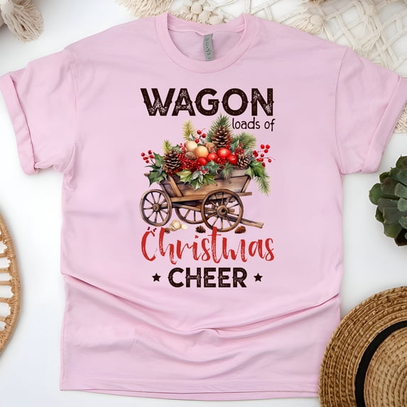 Wagon Christmas Cheer Shirt | Rustic Holiday Graphic Tee, Light Pink, Size S
