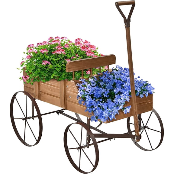 Wagon Planter, Decorative Wooden Garden Planter with Wheels, 2 Planting Sections and Adjustable Handle, Indoor Outdoor Backyard Balcony Decor (Brown)