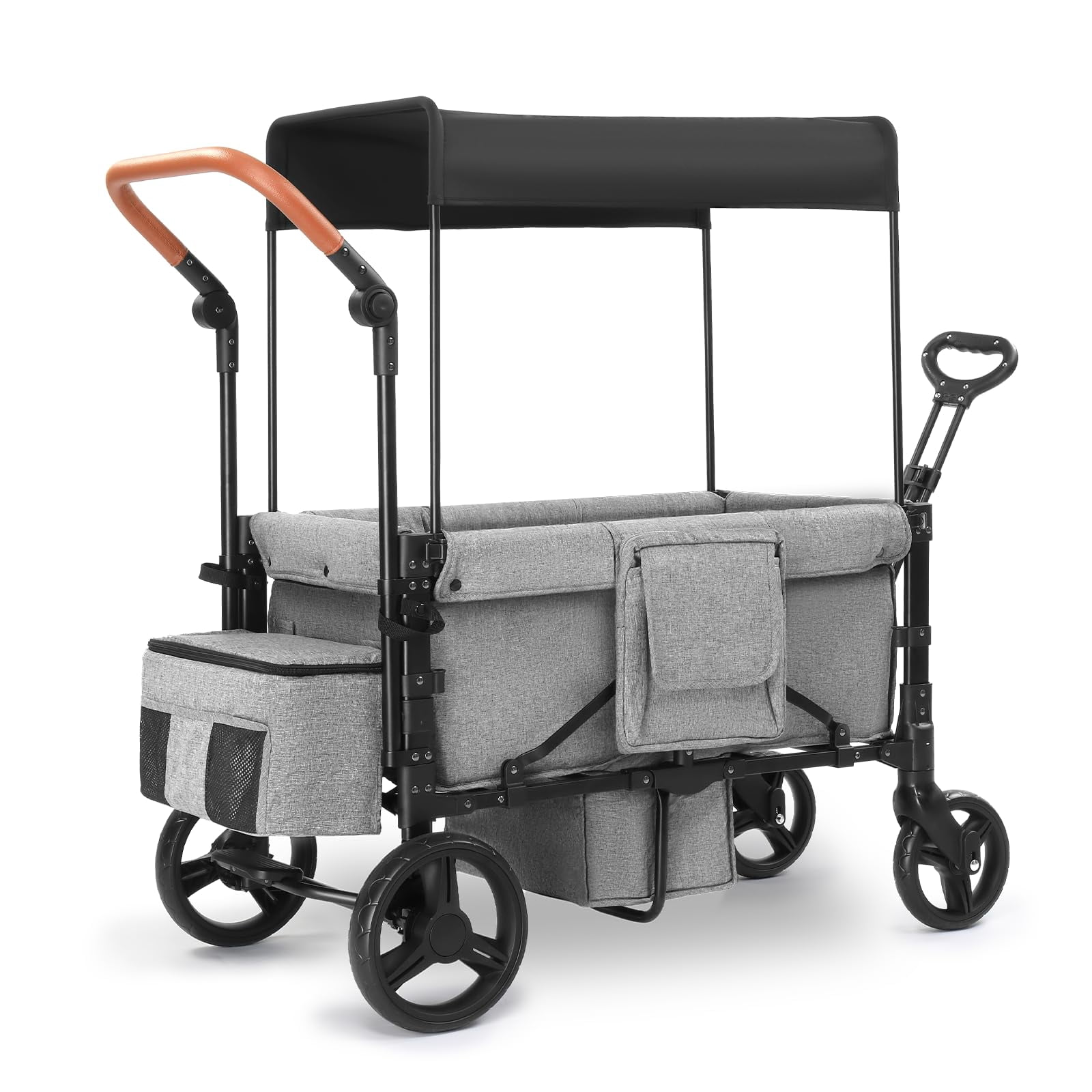 Wagon Stroller for 2 Kids, 3 in 1 Push and Pull Foldable Wagon with Footwell, All-Terrian Wheels, Includes Adjustable Canopy, Ample Organizer, 5 Point Harness (Black)