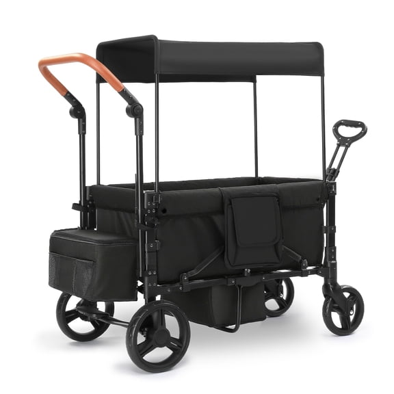Wagon Stroller for 2 Kids, 3 in 1 Push and Pull Foldable Wagon with Footwell, All-Terrian Wheels, Includes Adjustable Canopy, Ample Organizer, 5 Point Harness (Black)