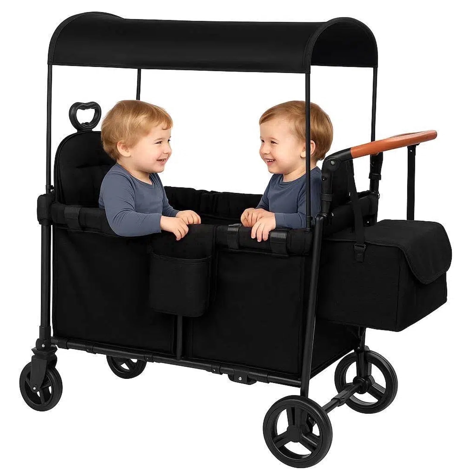 Wagon Stroller For 2 Kids, 3 in 1 Push and Pull Foldable Wagon with Footwell, Foldable All-Terrain Wagon For Kids With Canopy, Adjustable Push And Pull Handles