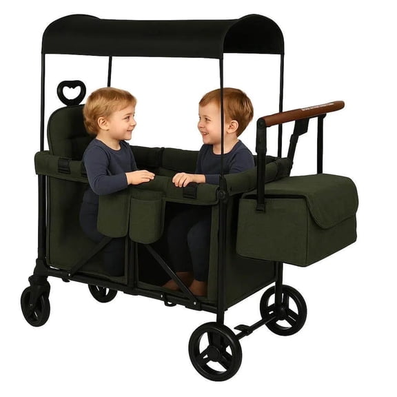 Wagon Stroller For 2 Kids, 3 in 1 Push and Pull Foldable Wagon with Footwell, Foldable All-Terrain Wagon For Kids With Canopy, Adjustable Push And Pull Handles, Convertible High Seat & Organizer