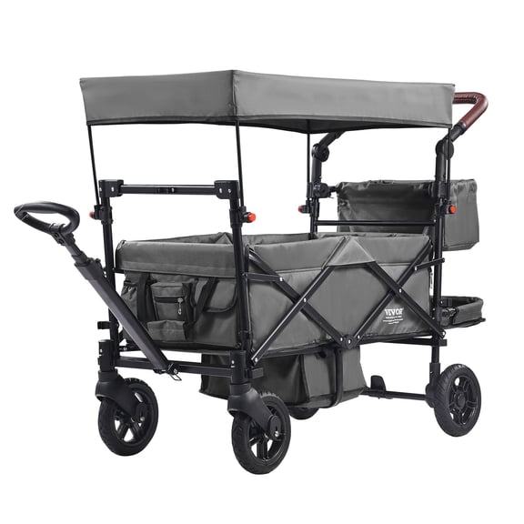 Wagon Stroller for 2 Kids, Push Pull Quad Collapsible Stroller with Adjustable Handle, Encircling Harness Removable Canopy, 4 Wheels w/ Brakes, Mutifunction Tandem Stroller for Camping Dark Grey