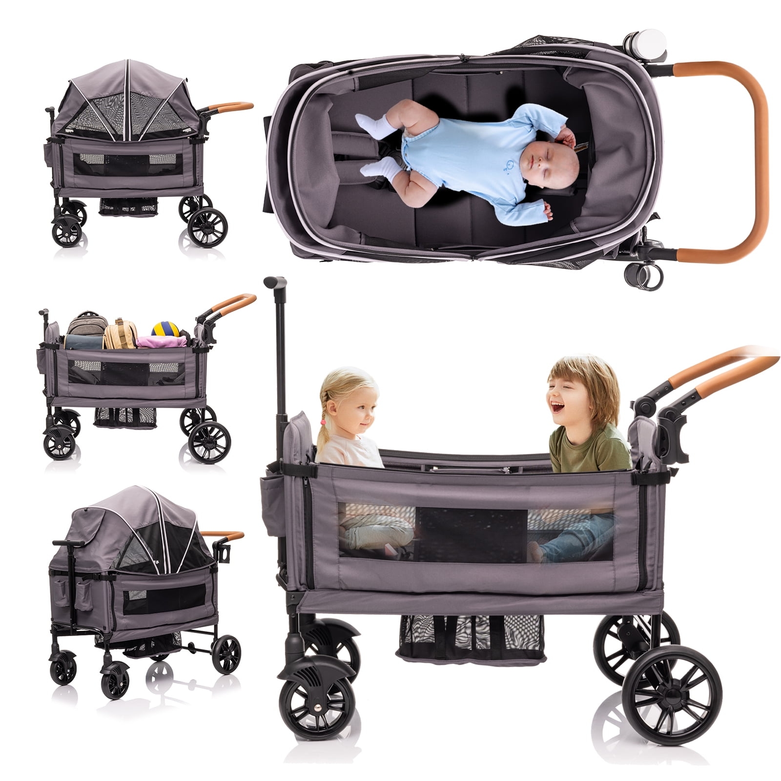 Lightweight Folding Wagon Stroller for 2 Kids Adjustable Handle Canopy Tray Table Cup Holder Walmart