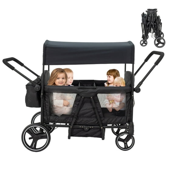 Wagon Stroller for 4 Kids-4 Seater Baby FoldableTandem Stroller for Toddlers&Newborns with Mom's Bag,5-Point Harness,Adjustable Handle&Canopy,Kids Tray,Cup Holder,Storage,Lightweight&Travel-Friendly