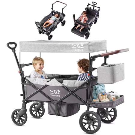 Wagon Stroller, Premium Foldable Stroller Wagon for 2 Kid with Removable Canopy, Harness, Storage for Outdoor Activities