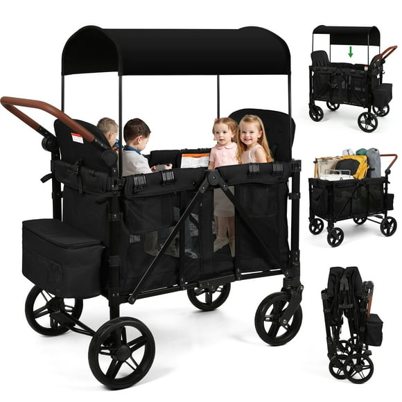 Vomeast Wagon Stroller for 4 Kids, 3-in-1 Stroller Wagon with Canopy, 5-Point Harness, Adjustable Handlebars, Removable Seat for Toddlers, Black