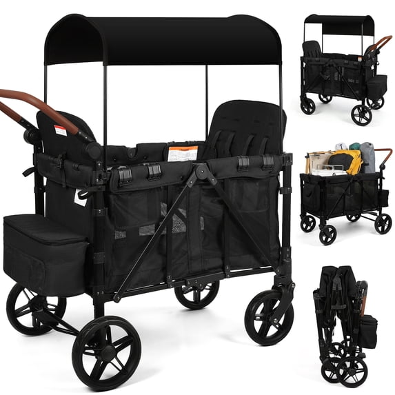 Vomeast Wagon Stroller for 4 Kids, 3-in-1 Outdoor Baby Stroller Wagon with Canopy, 5-Point Harness, Adjustable Handlebars, Removable Seat for Toddlers, Black