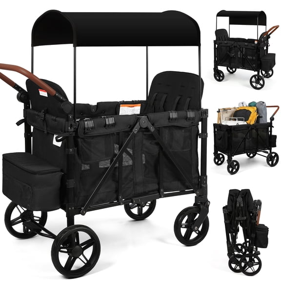 Vomeast Wagon Stroller for 4 Kids, 3-in-1 Outdoor Baby Stroller Wagon with Canopy, 5-Point Harness, Adjustable Handlebars, Removable Seat for Toddlers, Black