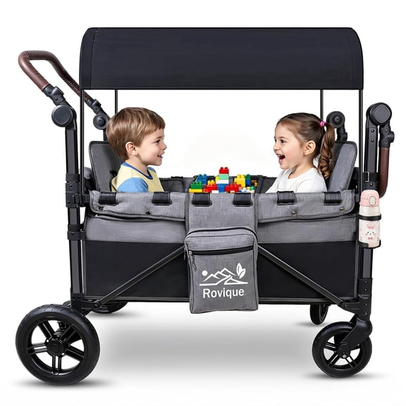 Rovique Foldable 2-Seater Wagon Stroller All-Terrain with Canopy & Snack Tray, Gray