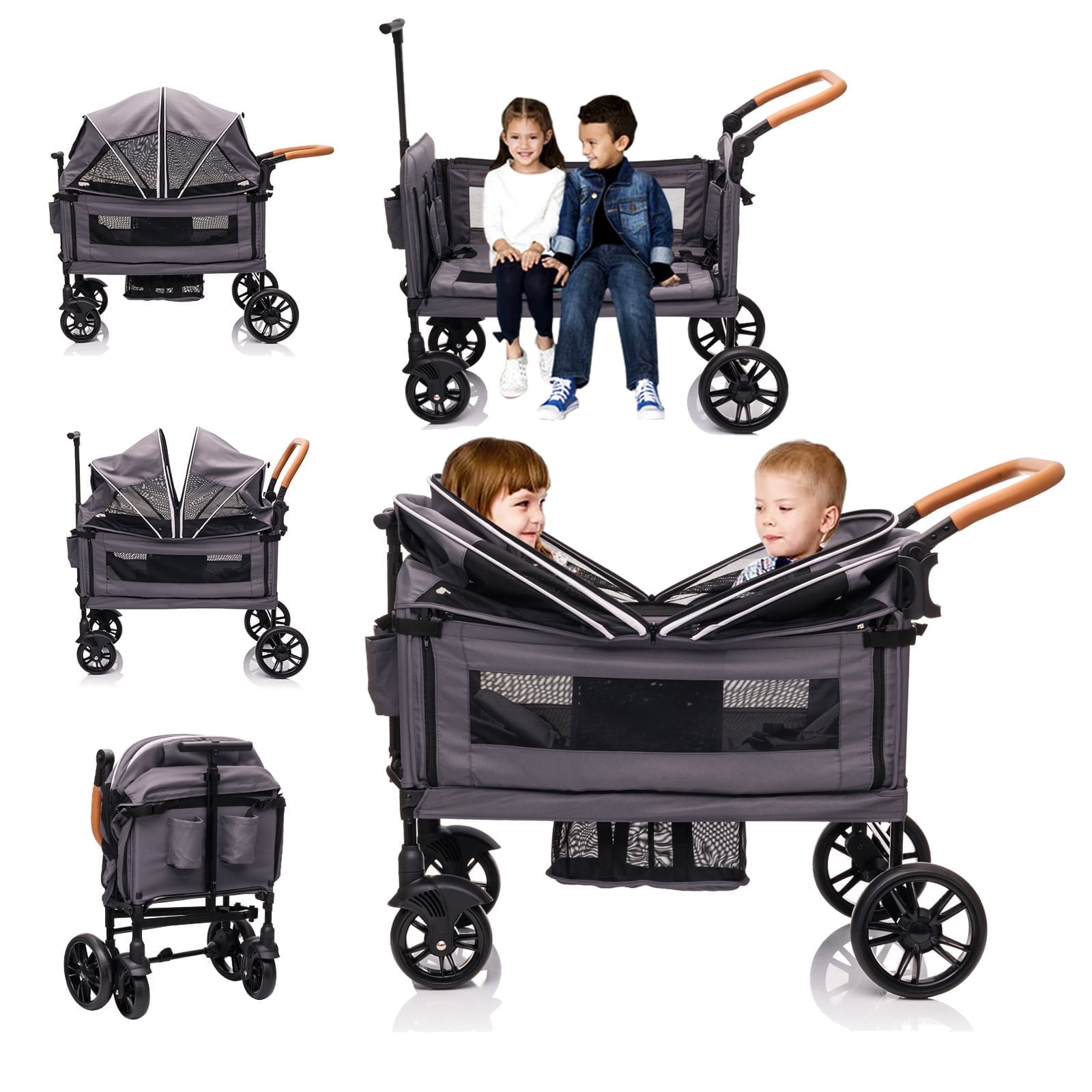 Funyard Wagon Double Stroller, Lightweight Foldable Stroller with Canopy, Seats for Toddler and Infant