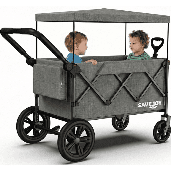 SaveJoy 3-in-1 Stroller Wagon for 2 Kids, Collapsible Toddler Wagon with Removable Canopy, 5-Point Harness and All-Terrain Wheels