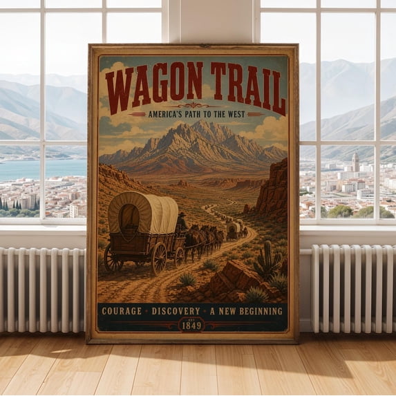 Printable Coint Wagon Train Wall Art Print, Teal Blue Burgundy Red Retro Americana ...