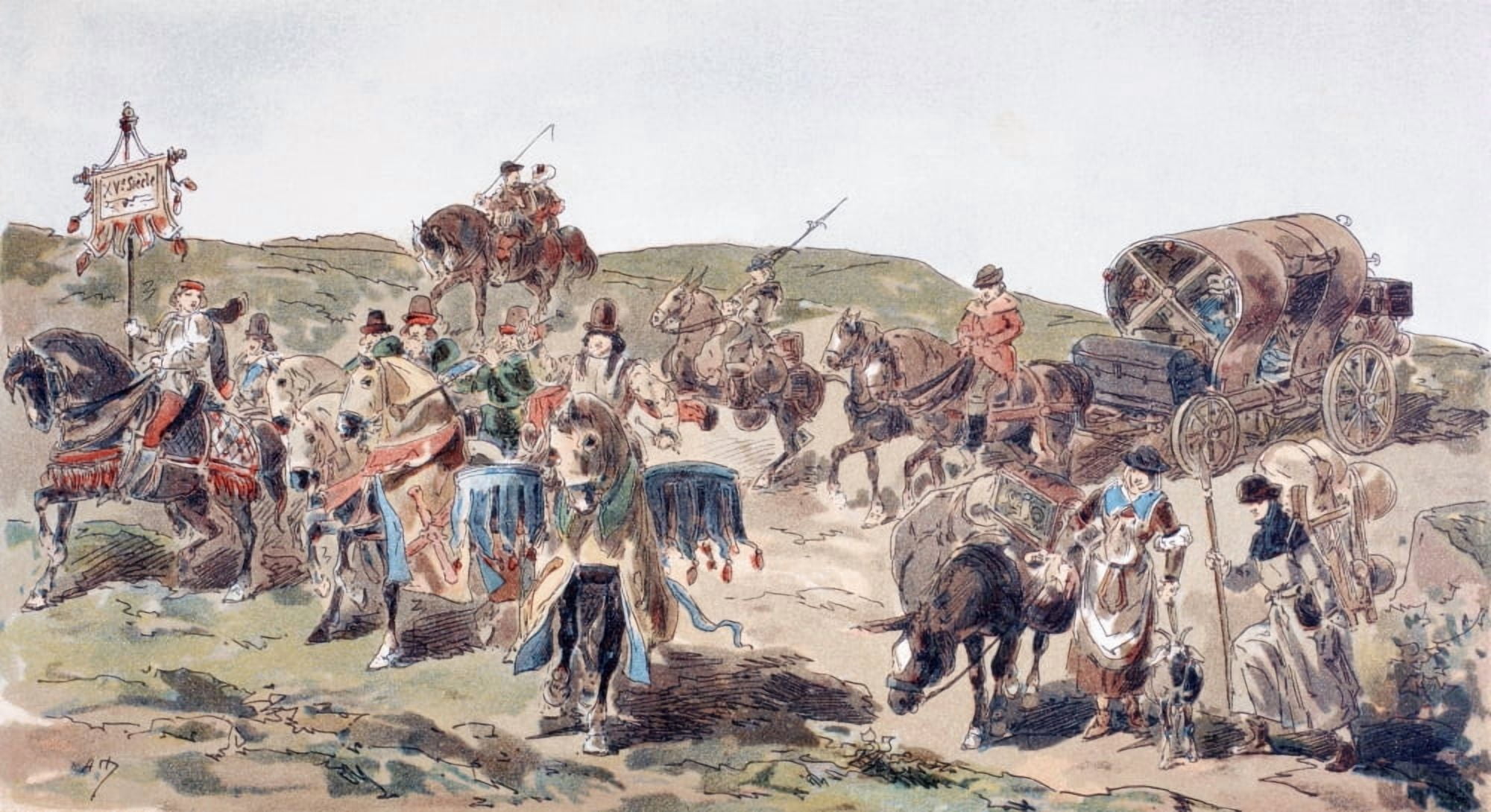A Wagon Travelling With Escort In The 15Th Century After A Watercolour By A Heins From Cortege Historique Des Moyens De Transport Published Brussels 1886 Canvas Art - Ken Welsh Design Pics (40 x 20)