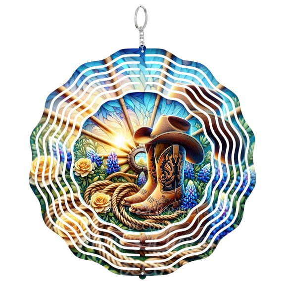 Wagon Wheel And Cowboy Boots 3D Wind Spinner, Ranch Home Decor Gift, UV Printed Metal Kinetic Yard Art, Round