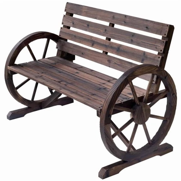 Wagon Wheel Bench Rustic 2-Person Outdoor Patio Carbonized Finish with Backrest