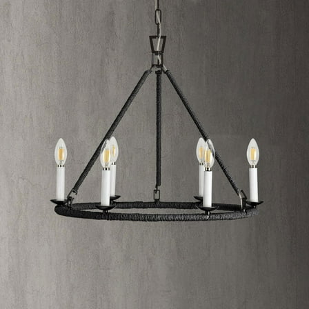 Wagon Wheel Chandelier, 6-Light Farmhouse Chandelier with Candle-Shaped, Black Chandeliers Light Fixture for Dining Room, Entryway, Living Room, Foyer