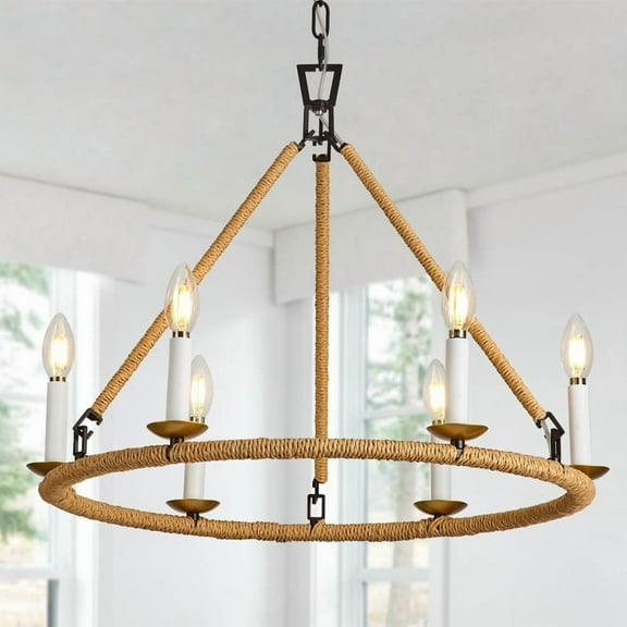Wagon Wheel Chandelier, 6-Light Gold Farmhouse Chandelier with Candle-Shaped, 24in Rattan Round Chandeliers for High Ceiling Dining Room, Entryway, Living Room, Foyer