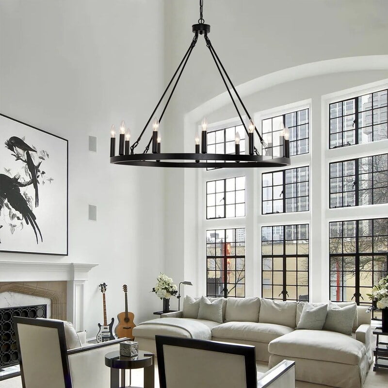 Black 38" Metal Wagon Wheel Chandelier with 12 Lights
