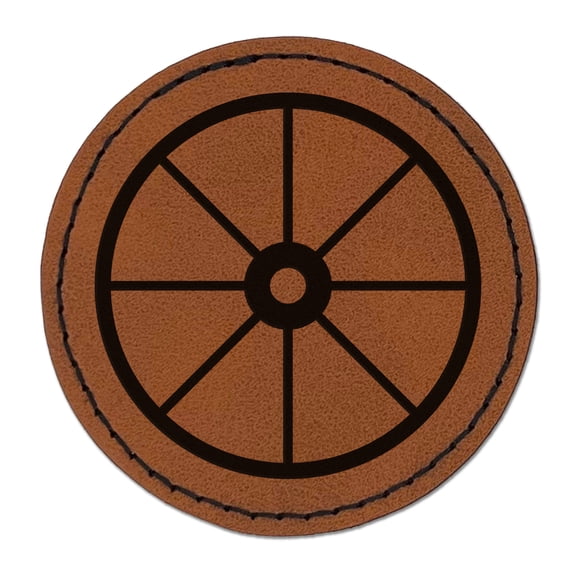 Wagon Wheel Solid 2.5" Faux Leather Round Engraved Iron-On Patch - Brown