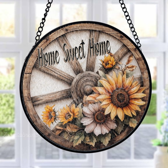 Wagon Wheel Stained Glass Suncatcher Metal Outdoor Decor Rustic Farmhouse Brown Sunflower