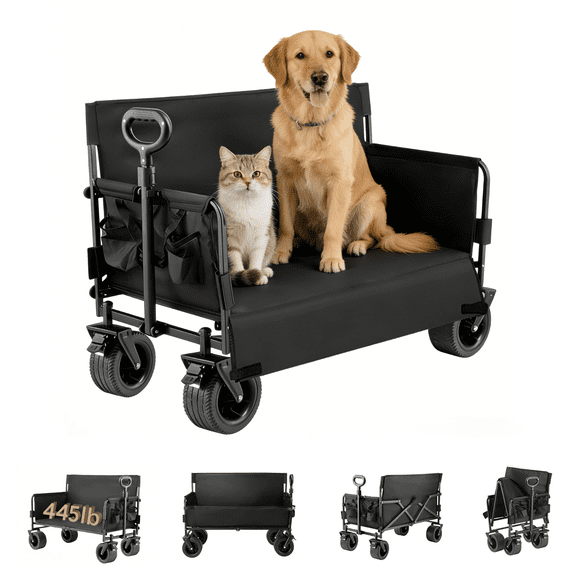Wagons Cart Collapsible Garden Wagons and Carts with 445LB Capability Portable Utility Cart with All-Terrain Wheels for Sports, Shopping, Camping ,Black