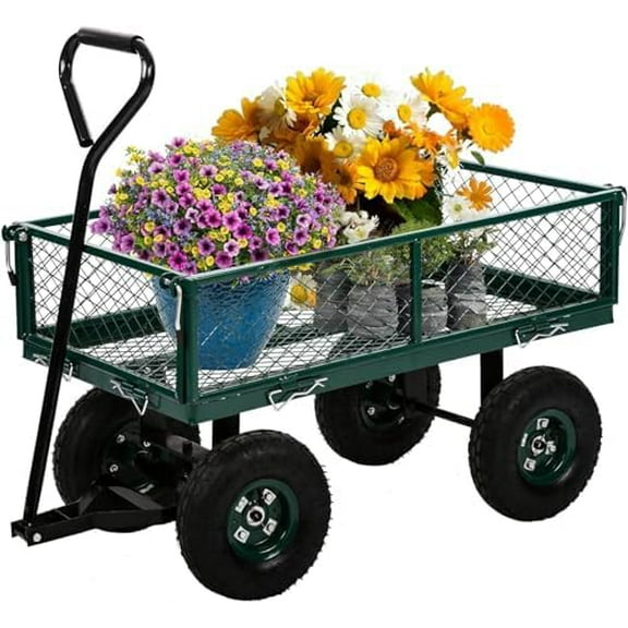 Wagons Cart, Heavy Duty Mesh Steel Carts with Wheels, Gorilla Cart 400Lbs Lawn Garden Cart with Removable Sides,Wheels, Adjustable Handle Outdoor Yard Landscape - Green, 37(L) x19(W) x22 inch(H)