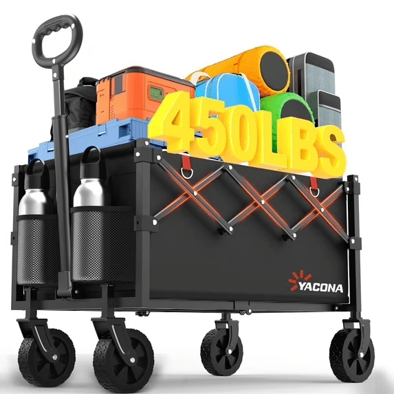 Yacona Wagons Carts Foldable, Collapsible Garden Wagons and Carts with Wheels, Outdoor Utility Folding Cart for Grocery Beach Camping Shopping, Black