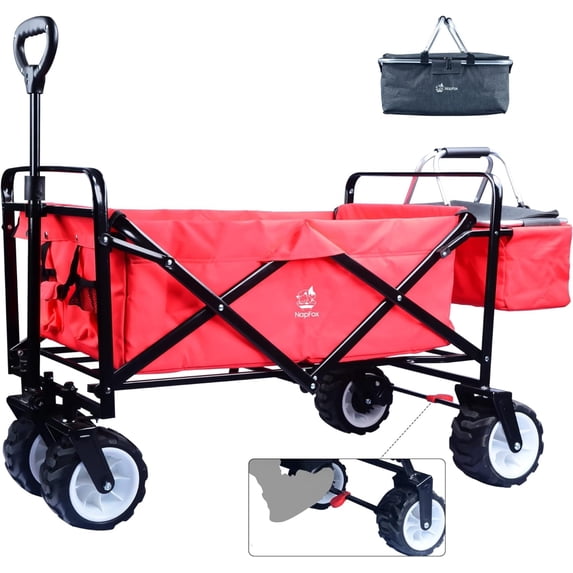 Collapsible Wagon Heavy Duty Beach Wagon Cart with Big Wheels Large Capacity Outdoor Folding Utility Camping Garden Cart Brake & Aluminum Frame Cooler Bag for Beach Camping Shopping (red)