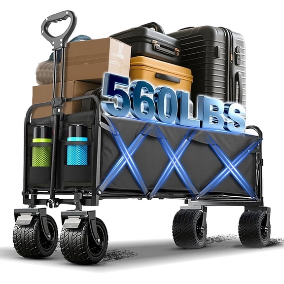 Wagons Carts Foldable, Collapsible Wagon with All-Terrain Wheels 420lbs Weight Capacity Heavy Duty Utility Wagon with Drink Holders for Beach, Garden, Camping, Shopping Groceries, Sports